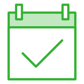 Green tick on a calendar page, icon